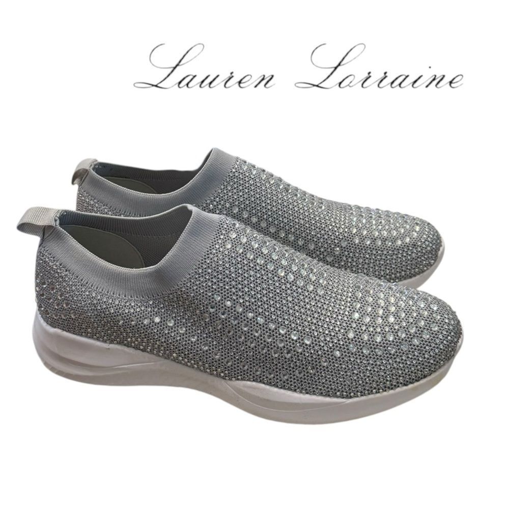 New Lauren Lorraine Carmi Glittering Silver Rhinestone Slip-On Sneakers 10 - Picture 2 of 6